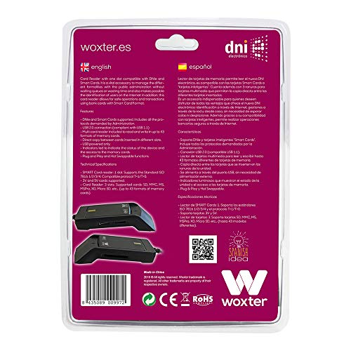 Woxter Lector Dni Combo - Lector DNI electrónico, Compatible con Las Tarjetas Smart Cards o Tarjetas Inteligentes, con 3 Ranuras para Tarjetas, Color Negro