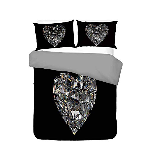WPHRL Diamante en Forma de corazón sobre Negro Juego de Ropa de Cama de 3D Funda nórdica de Microfibra Ligera con Cierre de Cremallera Doble 140x200cm(1 Funda nórdica + 2 Fundas de Almohada)