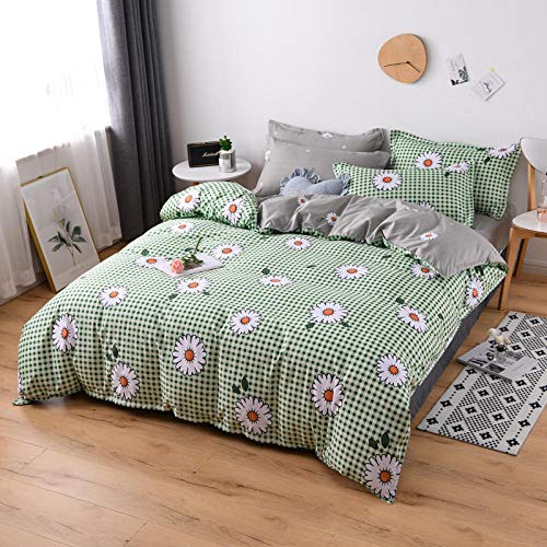 WPHRL Juego de Ropa de Cama Funda nórdica 4 Piezas Margaritas Blancas a Cuadros Verdes 150x200cm Algodón poliéster de Funda de Edredón Incluye 1 Funda de Edredón 1 Hoja y 2 Fundas de Almohada