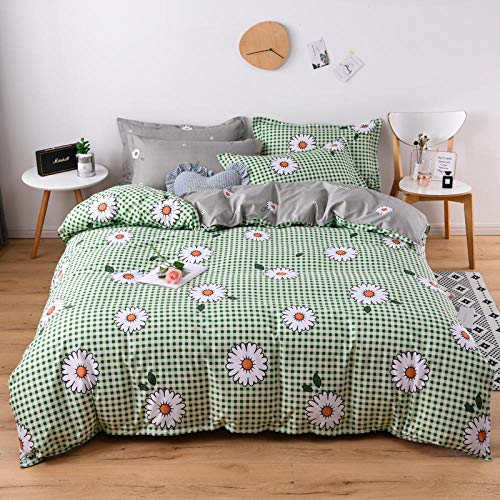 WPHRL Juego de Ropa de Cama Funda nórdica 4 Piezas Margaritas Blancas a Cuadros Verdes 150x200cm Algodón poliéster de Funda de Edredón Incluye 1 Funda de Edredón 1 Hoja y 2 Fundas de Almohada