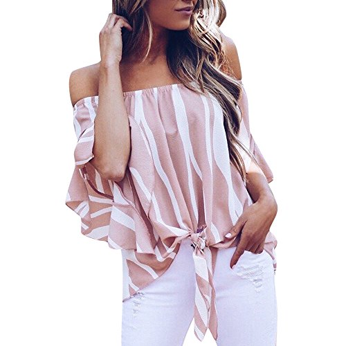 Wtouhe -Camisa de Hombro frío de Las Mujeres Corbata Floral Camisa de Gasa Delantera Tops de Manga de Trompeta Estampado de Moda de Trompeta con Nudos- para Mujer