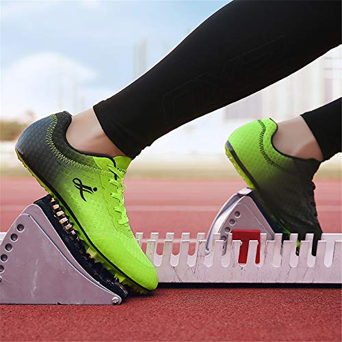 XFQ Pista Y Campo Zapatos, Sprint Entrenamiento Atlético Unisex Adultos Zapatos para Niños Junior Spikes Salto De Longitud Transpirable Zapatillas De Deporte,Verde,36EU