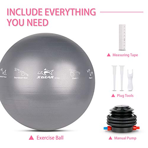 XGEAR Fitness Pelota Balón de Ejercicio Anti-explosión 55cm/65cm/75cm para Fitness Yoga Pilates Ball Estabilizador de Balón de Equilibrio Resistente con Bomba (Gris, 55cm)