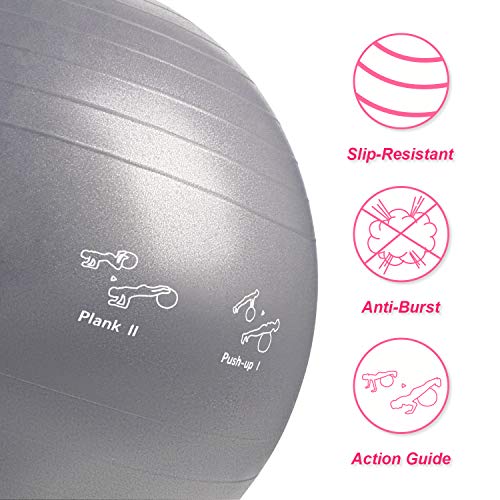 XGEAR Fitness Pelota Balón de Ejercicio Anti-explosión 55cm/65cm/75cm para Fitness Yoga Pilates Ball Estabilizador de Balón de Equilibrio Resistente con Bomba (Gris, 55cm)