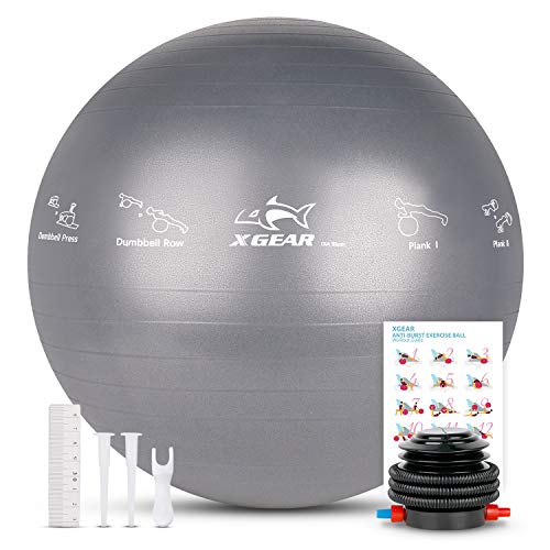 XGEAR Fitness Pelota Balón de Ejercicio Anti-explosión 55cm/65cm/75cm para Fitness Yoga Pilates Ball Estabilizador de Balón de Equilibrio Resistente con Bomba (Gris, 55cm)