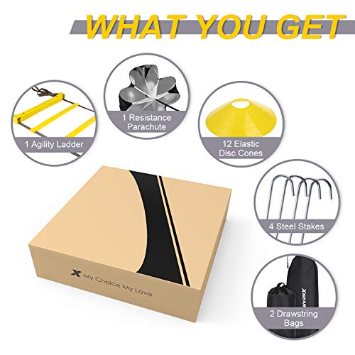 XGEAR Set de 1 Escalera de Velocidad y Agilidad, 1 Paracaídas de Correr, 12 Conos de Deporte, 4 Clavos Largos y 1 Mochila para Deportista, Atleta y Futbolista XGEAR Set de 1 Escalera de Velocidad y Agilidad, 1 Paracaídas de Correr, 12 Conos de Deporte, 4 Clavos Largos y 1 Mochila para Deportista, Atleta y Futbolista