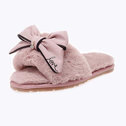 xinghui Pantuflas con Forro Polar，Zapatillas de Felpa，Zapatillas de algodón, Zapatillas peludas caseras con Lazo, Lindas Zapatillas Antideslizantes de Felpa-Lazo de Amor de Base Rosa_40