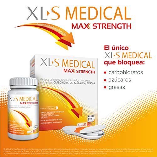 XL-S Medical Max Strength - Bloqueador de la absorción de Carbohidratos, Azúcares y Grasas, Para Adelgazar, Reduce la ingesta de Calorías y Antojos - 120 Comprimidos, 1 Mes de Tratamient