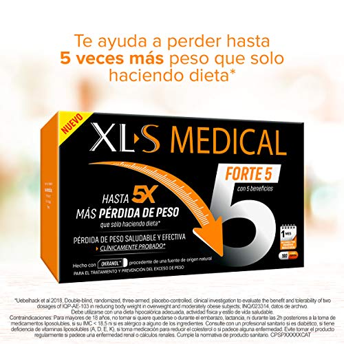 XLS Medical Forte 5 | Captagrasas | Pierde hasta 5 veces más peso que solo haciendo dieta | Perder Peso | Origen Natural 100% Vegano | 180 Cápsulas, 1 mes