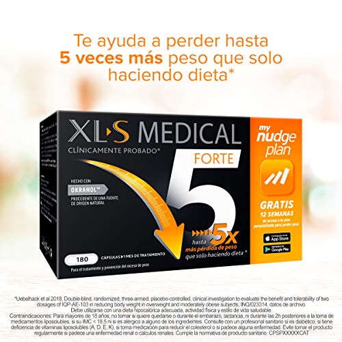 XLS Medical Forte 5 + Plan Nudge & Servicio Nutricionista Gratis | Origen Natural 100% Vegano | 180 Cápsulas, 1 mes | Captagrasas | Pierde hasta 5 veces más peso que solo haciendo dieta | Perder Peso