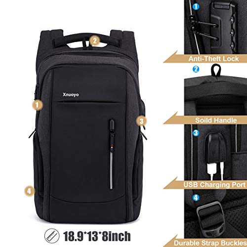 Xnuoyo Mochila Antirrobo de Portátil, 17,3 Pulgada Mochila Ordenador Portatil Resistente al Agua con el Puerto de Carga y Auriculares USB para Hombre Mujer Oficina Trabajo Diario Negocio, Negro