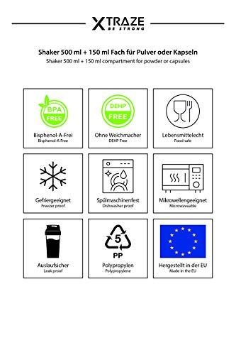 XTRAZE® Botella Mezcladora de Proteínas de 500 ml, Compartimiento para Polvo de 150 ml, Shaker sin BPA, Vaso de Ejercicios a Prueba de Derrames con Balanza, Tamiz para Batidos de Proteina sin Grumos