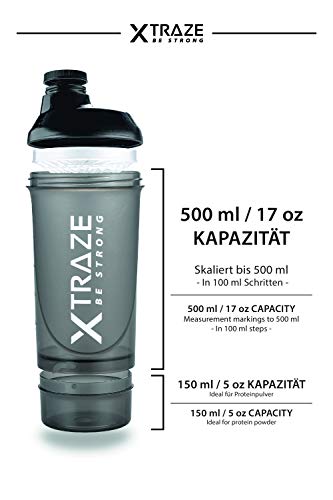 XTRAZE® Botella Mezcladora de Proteínas de 500 ml, Compartimiento para Polvo de 150 ml, Shaker sin BPA, Vaso de Ejercicios a Prueba de Derrames con Balanza, Tamiz para Batidos de Proteina sin Grumos
