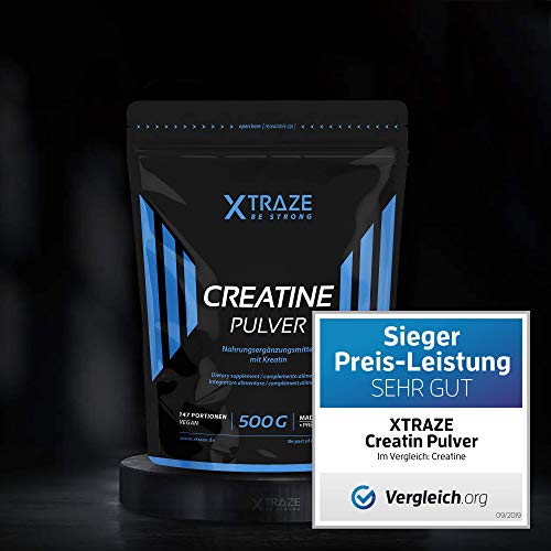 XTRAZE® Creatina Monohidrato en Polvo 500 g, Creatine Vegana 100% pura, Suplemento Deportivo sin Aditivos Innecesarios, para el Entrenamiento con Pesas, Muscular Aumentar, Fitness y Deporte