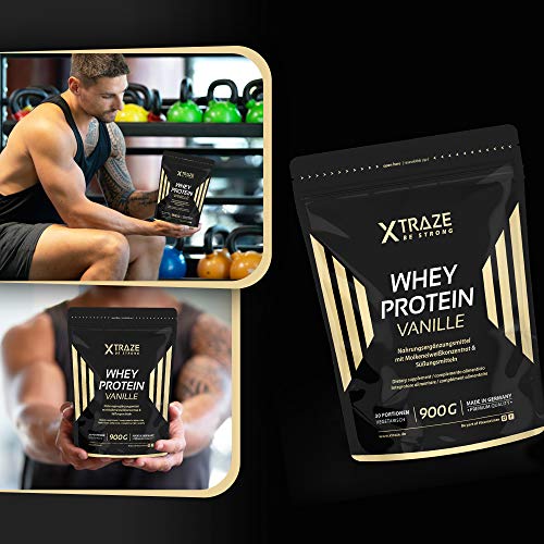 XTRAZE® Whey Proteína en Pura Polvo de Suero para Batido de Proteinas, 900g de Proteina Vegetal + Aislada con BCAA, Suplemento sin Aditivos, Para Fitness y Aumentar Masa Muscular (Vainilla)