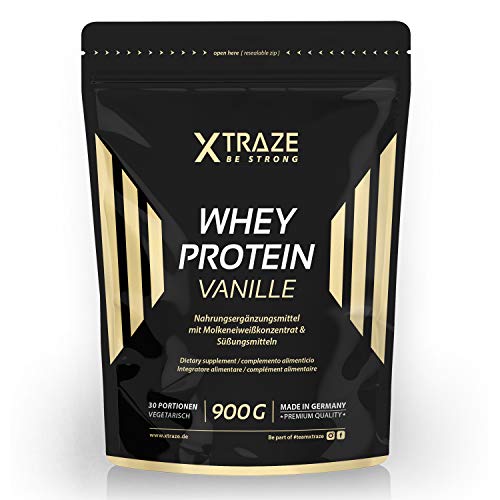 XTRAZE® Whey Proteína en Pura Polvo de Suero para Batido de Proteinas, 900g de Proteina Vegetal + Aislada con BCAA, Suplemento sin Aditivos, Para Fitness y Aumentar Masa Muscular (Vainilla)