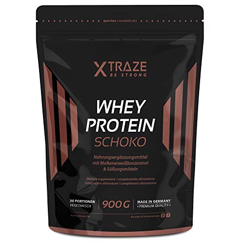 XTRAZE® Whey Proteína en Pura Polvo de Suero para Batido de Proteinas, 900g de Proteina Vegetal + Aislada con BCAA, Suplemento sin Aditivos, Para Fitness y Aumentar Masa Muscular (Chocolate)