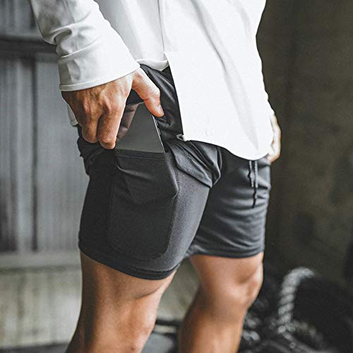 XuyIeY - Pantalones cortos para correr para hombre, entrenamiento, 2 en 1, con compresión interna y bolsillo, Hombre, color negro, tamaño Large