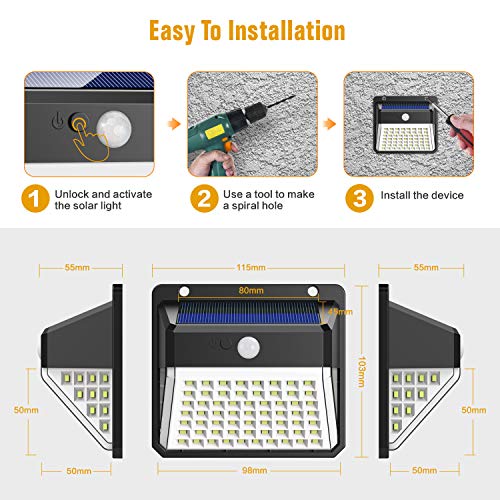 Yacikos Luz Solar Exterior 82 LED, Foco Solar Jardín 2000mAh, Lámpara Solar 270º Gran Angular de Iluminación con Sensor de Movimiento, Luces Solar Impermeable IP65 [2 Piezas]