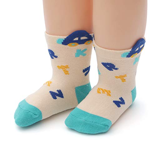 Yafane 12 Pares de Calcetines Antideslizantes para Niños Pequeños Algodón Lindo con Puños Calcetines Antideslizantes para Bebés (Color A, 1-3 años)