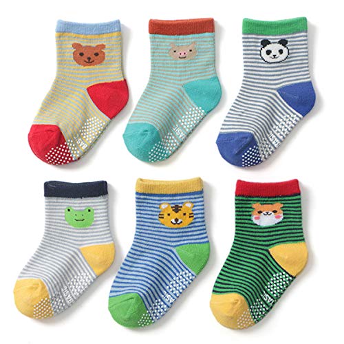 Yafane 12 Pares de Calcetines Antideslizantes para Niños Pequeños Algodón Lindo con Puños Calcetines Antideslizantes para Bebés (Color A, 1-3 años)