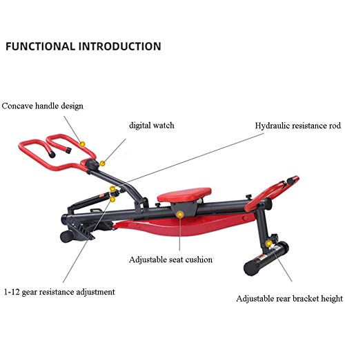 YALIXI Máquina De Remo Hidráulica Plegable para El Hogar, Barra De Empuje De Tabla Supina Multifuncional Que Estira El Equipo De Ejercicios Abdominales con Pantalla LED, Ajuste De 12 Resistencias