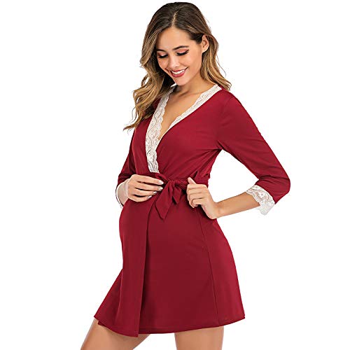 YANFANG Vestido de Mujer superpuesto con Cuello en V Maternidad premámá Encaje Color sólido Suave y cómodo Transpirable Empalme Moda