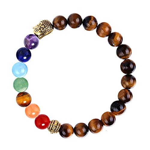 YAZILIND 8mm Energía Gemstone Jefes budistas Forma Yoga Budismo Pulsera 7 Chakra Reiki Curación Equilibrio Pulseras de Piedra Natural (# 4)