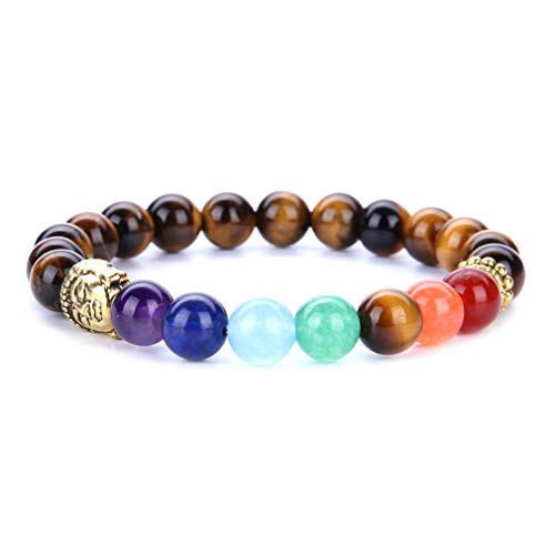 YAZILIND 8mm Energía Gemstone Jefes budistas Forma Yoga Budismo Pulsera 7 Chakra Reiki Curación Equilibrio Pulseras de Piedra Natural (# 4)