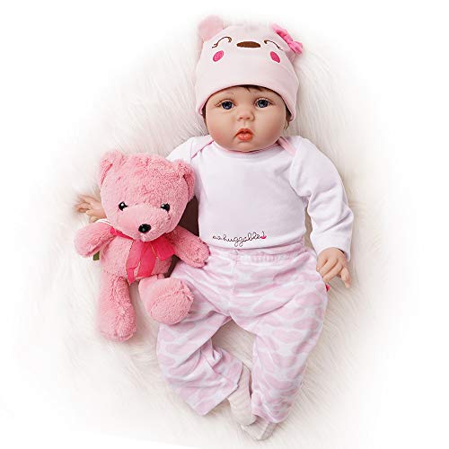 Yesteria Muñeca Reborn Muchacha Vinilo Silicona 2 Trajes Rosa 55 cm Rosa Claro con Juguete Oso