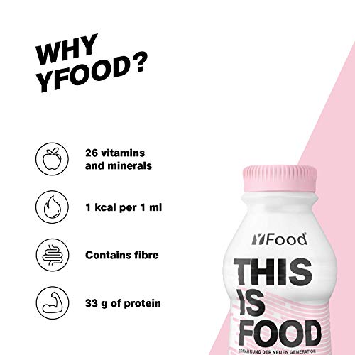 YFood Berry | Batido Sustitutivo | Sustitutivo de comida sin lactosa ni gluten | 33g de proteínas, 26 vitaminas y minerales | 25% de las calorías diarias requeridas | 12 x 500 ml (1kcal/ml)