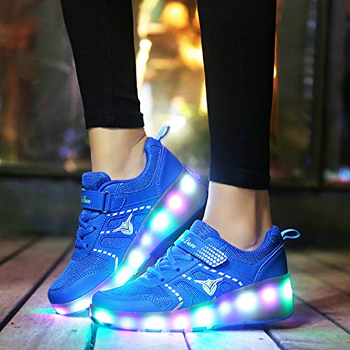 YHZQ Niños Niñas LED Parpadeante Skate Zapatos, Luminoso Retráctil Técnicas Zapatos Que Andan Monopatín Adolescente Adulto Deportes Al Aire Libre De Gimnasia Zapatillas D blue026-EU29