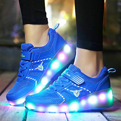 YHZQ Niños Niñas LED Parpadeante Skate Zapatos, Luminoso Retráctil Técnicas Zapatos Que Andan Monopatín Adolescente Adulto Deportes Al Aire Libre De Gimnasia Zapatillas D blue026-EU29