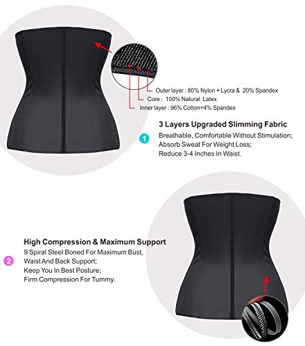 YIANNA Mujer Fajas Reductoras Corsé Waist Trainer Corset Reductor Adelgazante Bustiers de Cinturón Formación Negro, U37G Size L