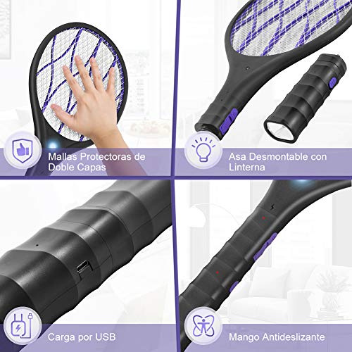 YISSVIC Raqueta Mosquitos Eléctrico, Raqueta Matamoscas Eléctrica Recargable, Mango de Linterna Extraíble, 3 Capas de Malla de Seguridad de Protección YISSVIC Raqueta Mosquitos Eléctrico, Raqueta Matamoscas Eléctrica Recargable, Mango de Linterna Extraíble, 3 Capas de Malla de Seguridad de Protección