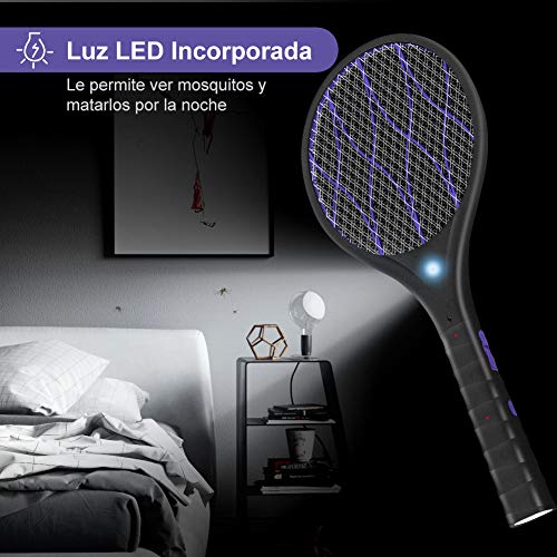 YISSVIC Raqueta Mosquitos Eléctrico, Raqueta Matamoscas Eléctrica Recargable, Mango de Linterna Extraíble, 3 Capas de Malla de Seguridad de Protección