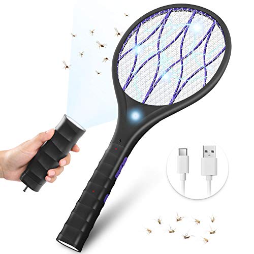 YISSVIC Raqueta Mosquitos Eléctrico, Raqueta Matamoscas Eléctrica Recargable, Mango de Linterna Extraíble, 3 Capas de Malla de Seguridad de Protección