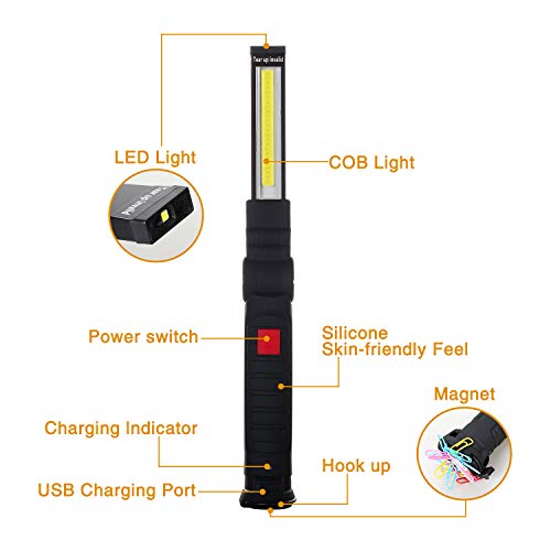 Yizhet 2 Piezas Portátil LED Lámpara de Trabajo Recargable por USB COB Lámpara de Inspección con Base Magnética y Gancho para el Hogar, Taller, Iluminación de Emergencia