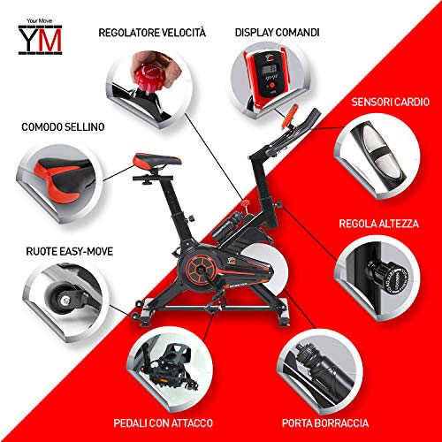 YM BICICLETA DE SPINNING CON DISCO DE INERCIA , sistema silent plus, resistencia regulable, robusta y silenciosa. Manillar triatlon, revestimiento de acero antihumedad.