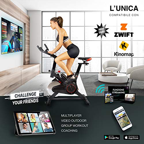 YM BICICLETA DE SPINNING CON DISCO DE INERCIA , sistema silent plus, resistencia regulable, robusta y silenciosa. Manillar triatlon, revestimiento de acero antihumedad.