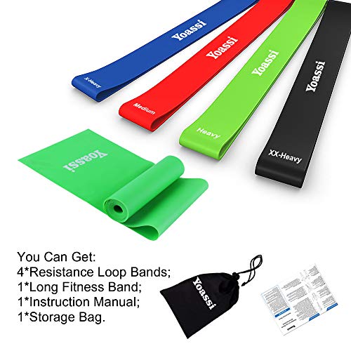 Yoassi Bandas de Resistencia, Kit de 5 Bandas Elasticas Fitness, de 4 Loop Bandas y 1 Plana Cinta de Ejercicios, para Yoga, Pilates, Crossfit, de Látex Natural, Multi-Colores