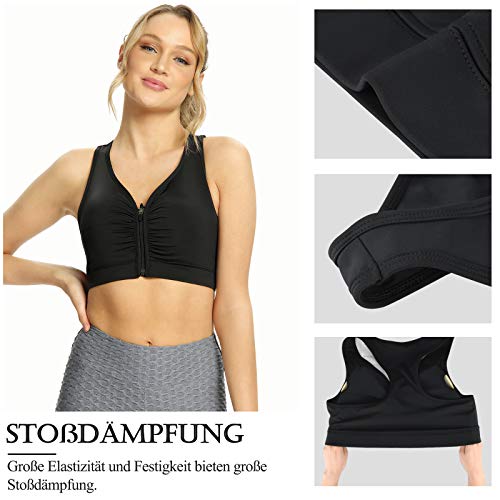 Yobenki Sujetador deportivo para mujer Push Up, sujeción fuerte, tamaño grande, acolchado, cierre frontal, sin aros, para fitness, correr, yoga Negro L