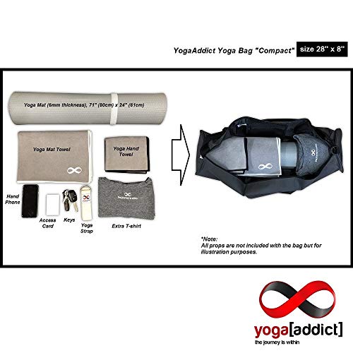 YogaAddict bolsa grande para esterilla de yoga «compacta» con bolsillos y cremallera, ideal para la mayoría de alfombrillas, extra ancha, correa ajustable, fácil acceso, 71 cm x 20 cm y 73 cm x 28 cm, Black (28"x8")