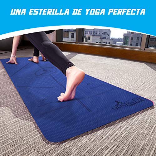 Yog&Fit- Colchoneta Fitness, Yoga, Pilates, Gimnasia y Deportes,Alfombrilla de TPE y tamaño 183*61Cm y 6mm de Grosor con Bolsa y Correa para Transporte y Ordenación (AZUL/AZUL CLARO)