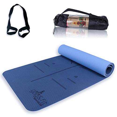 Yog&Fit- Colchoneta Fitness, Yoga, Pilates, Gimnasia y Deportes,Alfombrilla de TPE y tamaño 183*61Cm y 6mm de Grosor con Bolsa y Correa para Transporte y Ordenación (AZUL/AZUL CLARO)