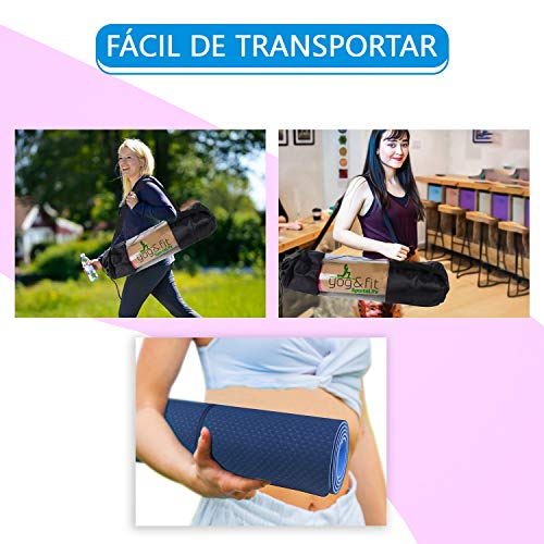 Yog&Fit- Colchoneta Fitness, Yoga, Pilates, Gimnasia y Deportes,Alfombrilla de TPE y tamaño 183*61Cm y 6mm de Grosor con Bolsa y Correa para Transporte y Ordenación (AZUL/AZUL CLARO)