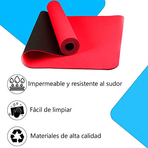 Yog&Fit- Colchoneta Gimnasia Antideslizante,Yoga Pilates, Fitness, y Deportes,Alfombrilla de TPE y tamaño 183*61Cm y 6mm de Grosor con Bolsa y Correa para Transporte y Ordenación (ROJO/NEGRO)