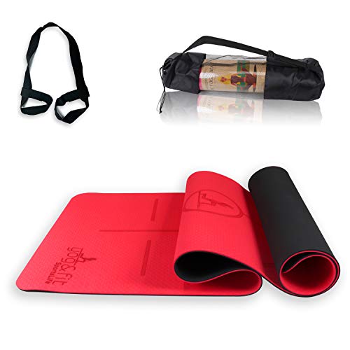 Yog&Fit- Colchoneta Gimnasia Antideslizante,Yoga Pilates, Fitness, y Deportes,Alfombrilla de TPE y tamaño 183*61Cm y 6mm de Grosor con Bolsa y Correa para Transporte y Ordenación (ROJO/NEGRO)