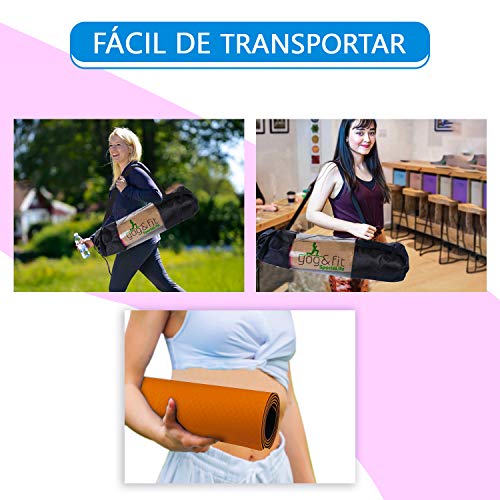 Yog&Fit- Esterilla de Yoga Antideslizante, Pilates, Fitness, Gimnasia y Deportes,Alfombrilla de TPE y tamaño 183*61Cm y 6mm de Grosor con Bolsa y Correa para Transporte y Ordenación (NARANJA/NEGRO)