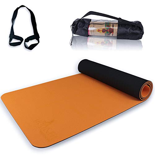 Yog&Fit- Esterilla de Yoga Antideslizante, Pilates, Fitness, Gimnasia y Deportes,Alfombrilla de TPE y tamaño 183*61Cm y 6mm de Grosor con Bolsa y Correa para Transporte y Ordenación (NARANJA/NEGRO)